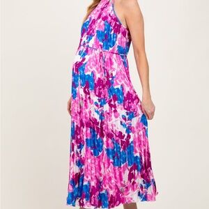 Halter-Neck maternity Pink & Blue Floral Maxi Dress